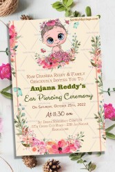 A Pink Floral Ear Piercing Ceremony Invitation Card With Big Blue Eyed Tiny Toony Baby