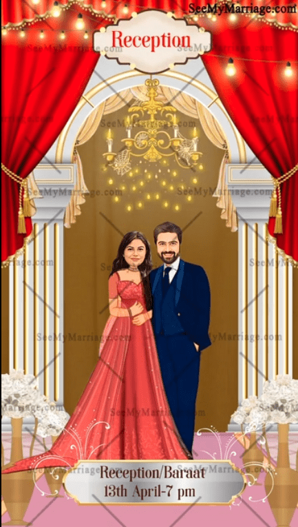 A Blue Theme Wedding Invitation With Couple's Initials Monogrammed and Fun Wedding Event Specific Caricatures