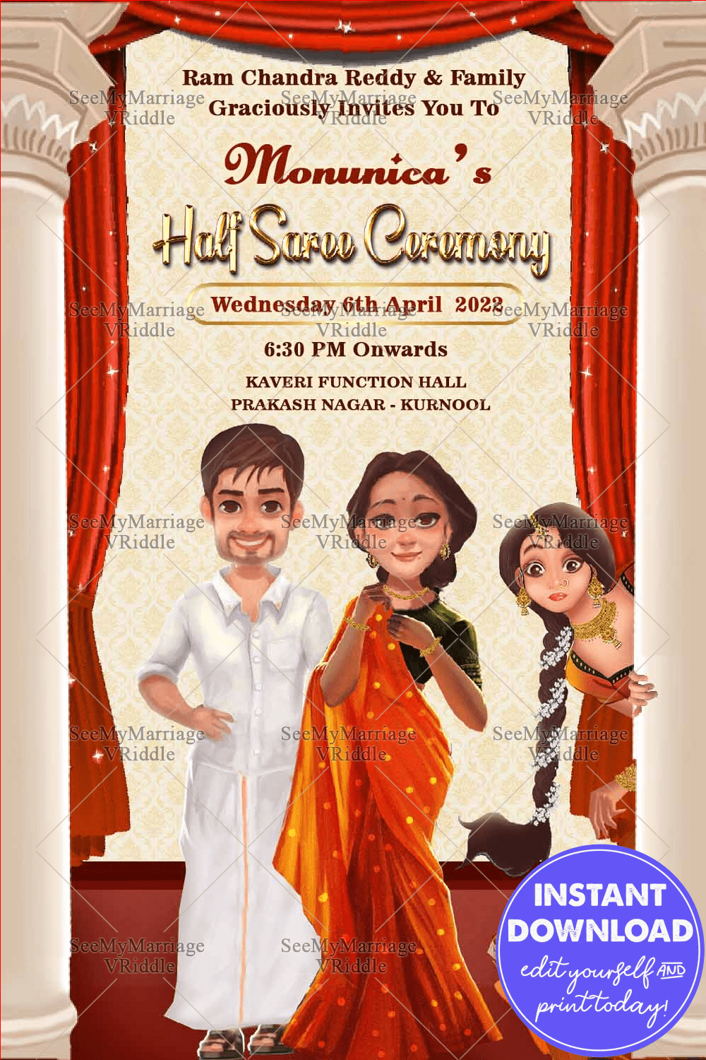 A Cartoon Theme Grand Family Invitation Card For Half Saree Ceremony Of Mischievous Girl