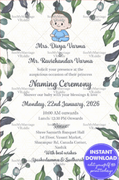 A Naming Ceremony Invitation Card With A Bonny Baby Boy Dressed In Blue And Framed In Colourful Leaves