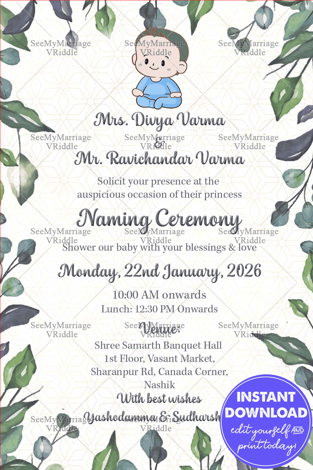 A Naming Ceremony Invitation Card With A Bonny Baby Boy Dressed In Blue And Framed In Colourful Leaves