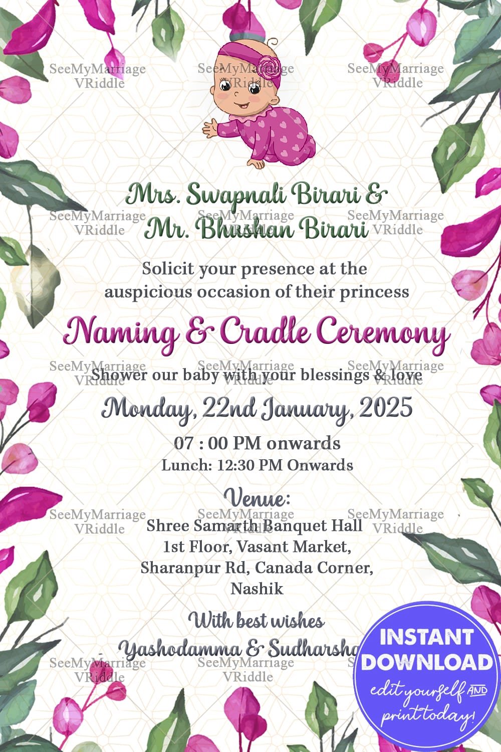 A Naming Ceremony Invitation Card With A Bonny Baby Girl Dressed In Pink And Framed In Colourful Leaves