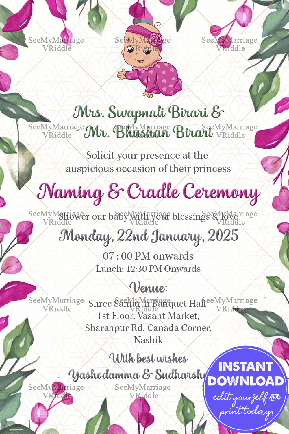 A Naming Ceremony Invitation Card With A Bonny Baby Girl Dressed In Pink And Framed In Colourful Leaves
