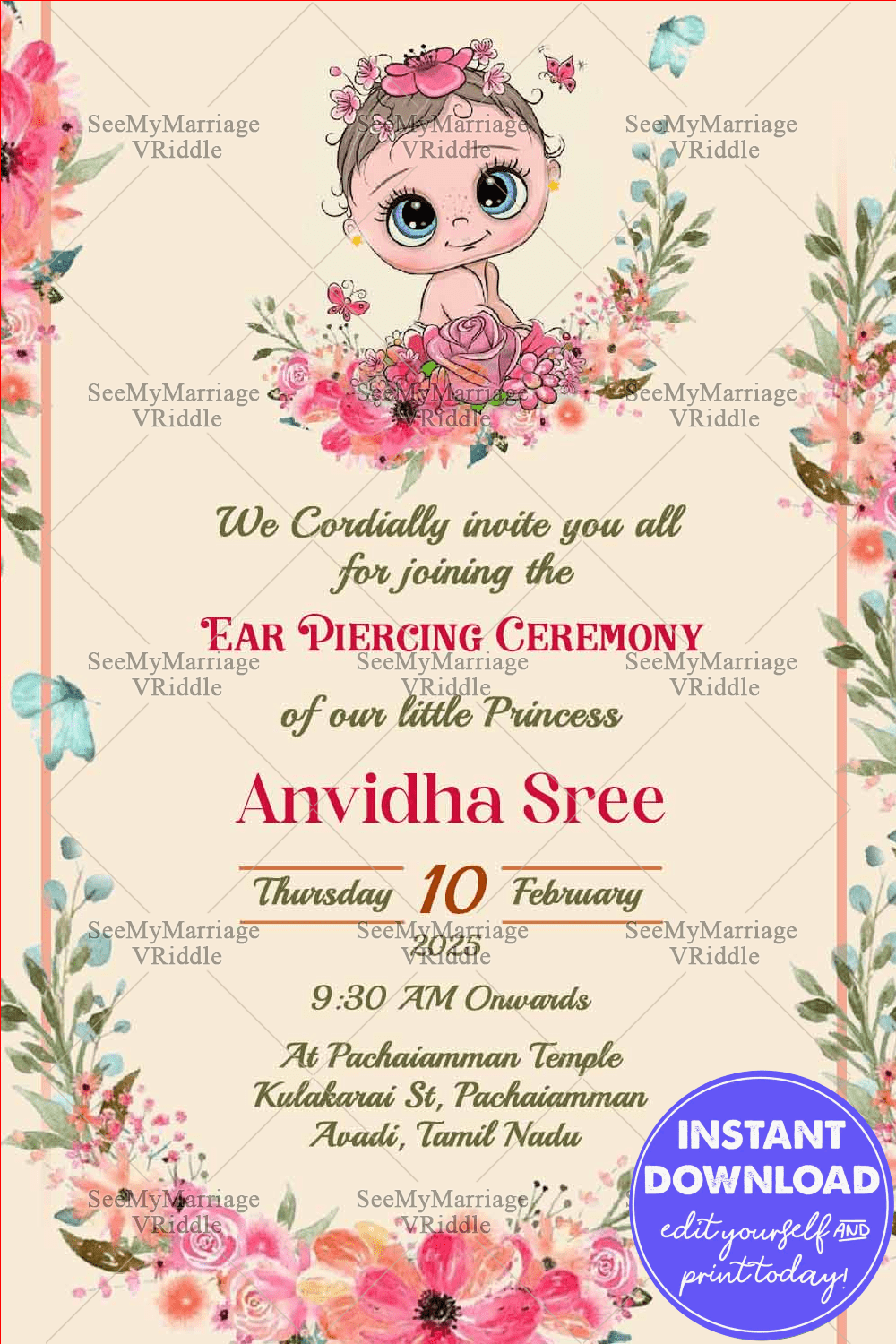 A Pink Floral Ear Piercing Ceremony Invitation Card With Big Blue Eyed Tiny Toony Baby
