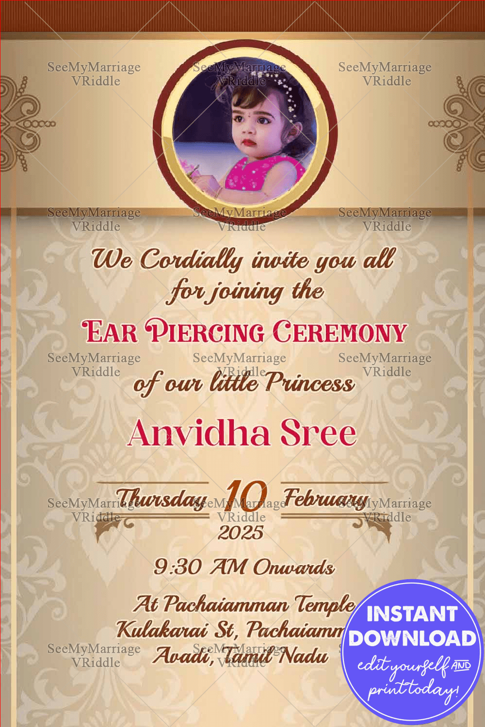 A Rich Invitation In Cream And Gold For Ear Piercing Ceremony Of Your Little Princess