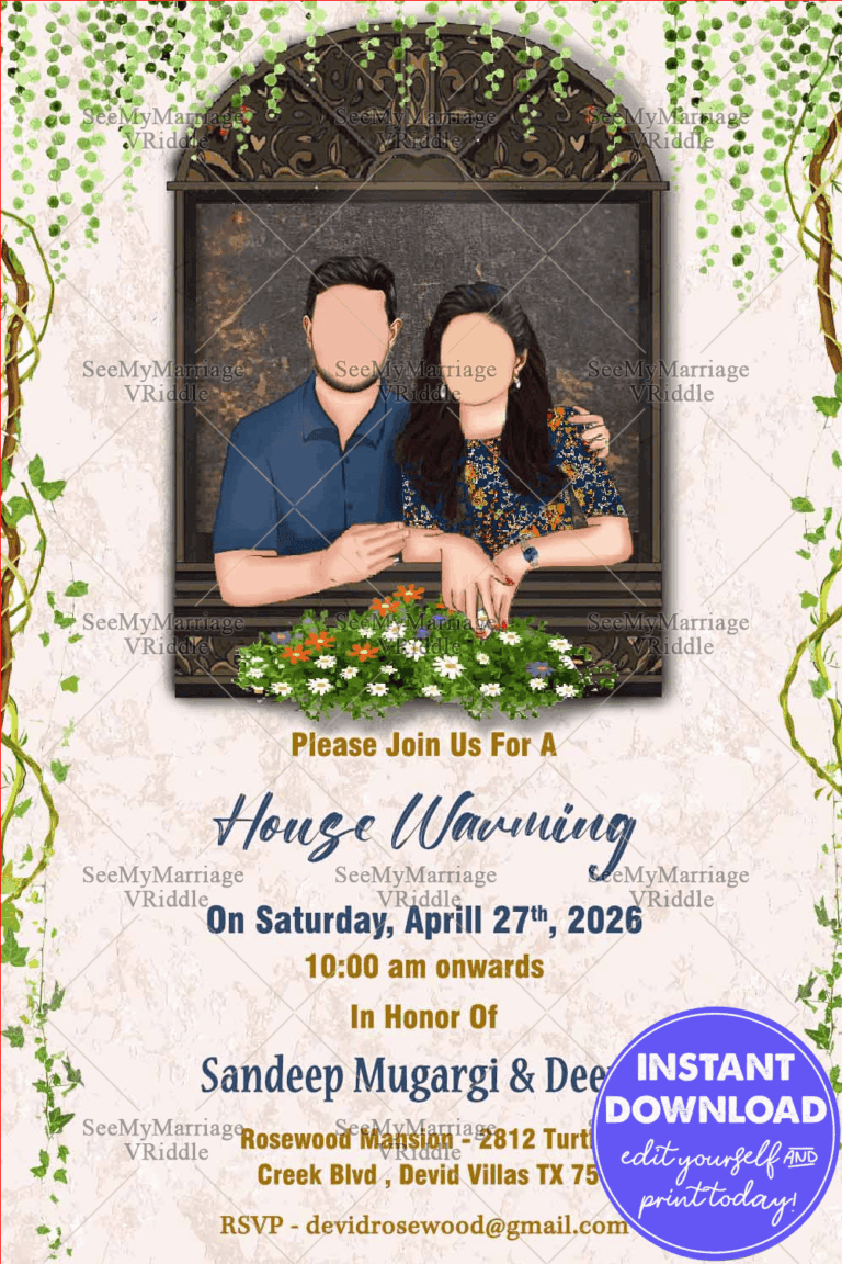 A Trendy House Warming Invitation With A Caricature Couple Framed In A Vintage Window Frame