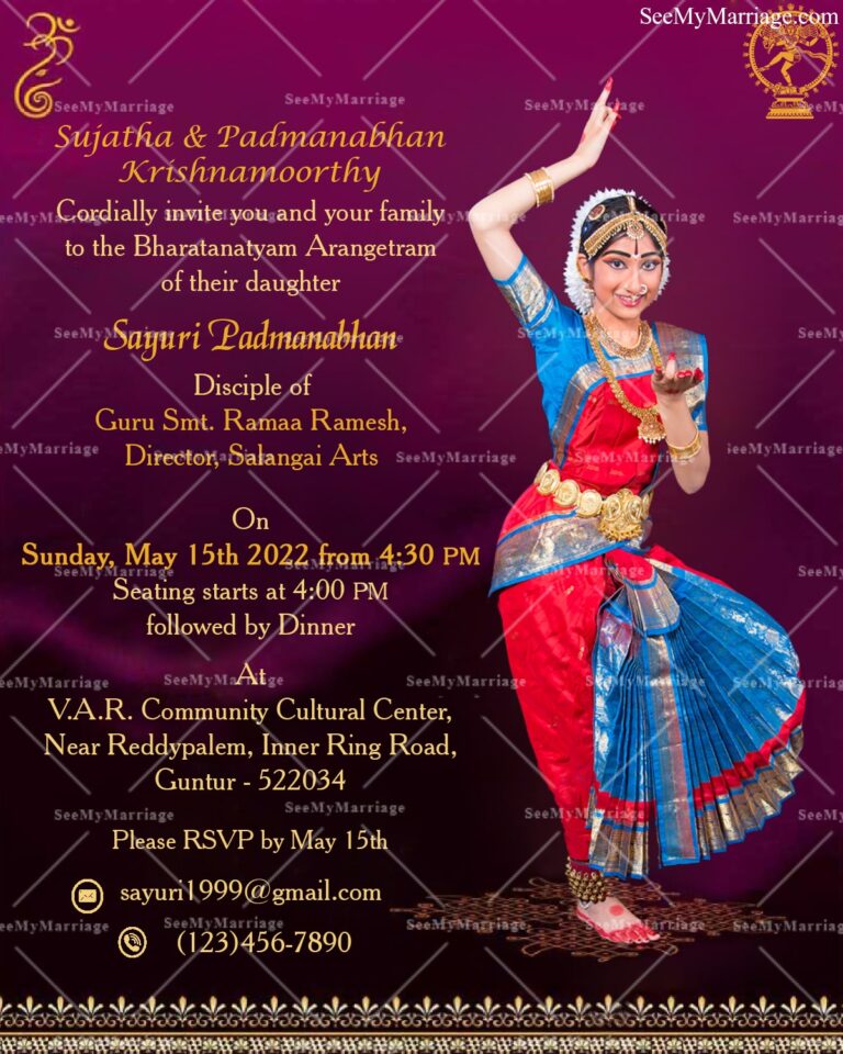 A Royal Purple Theme Invitation To Arangetram Ceremony With Blessings Of Nataraja And Ganesha