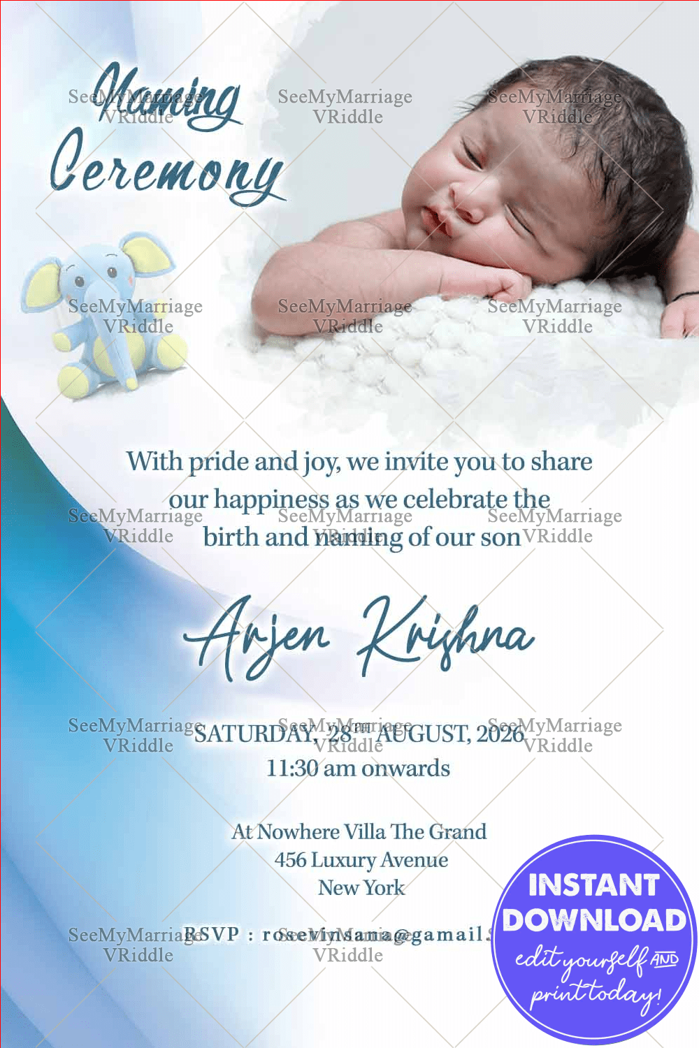 Blue Theme Invitation For Naming ceremony With Baby Image For Boys