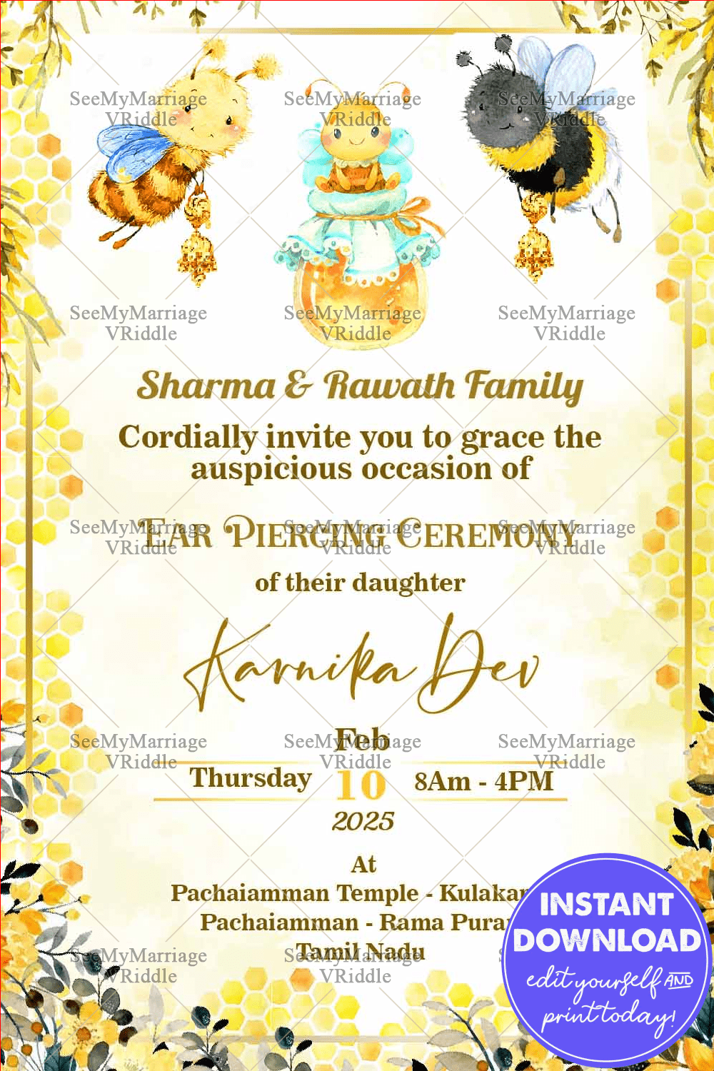 Cream Base Honey Bee Theme Ear Piercing Ceremony Invitation Card With Gold And Yellow Honeycomb Design