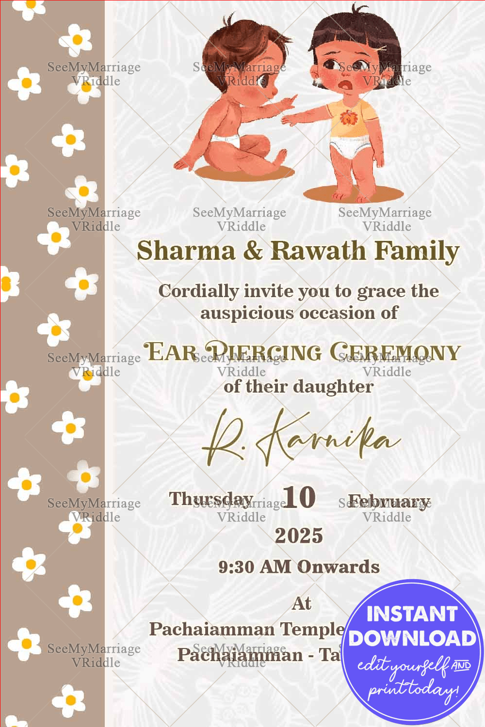 Daisy Floral Theme Sister Act Ear Piercing Invitation Card With Big Sister Supporting The Younger Sis