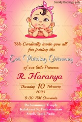 Design Ear Piercing Invitations In Pink Theme Floral Mehandi Design With A smiling Baby Sporting Gold Jhumkas
