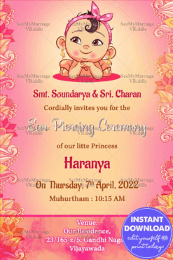 Ear Piercing Invitations In Pink Theme Floral Mehandi Design With A smiling Baby Sporting  Gold Jhumkas