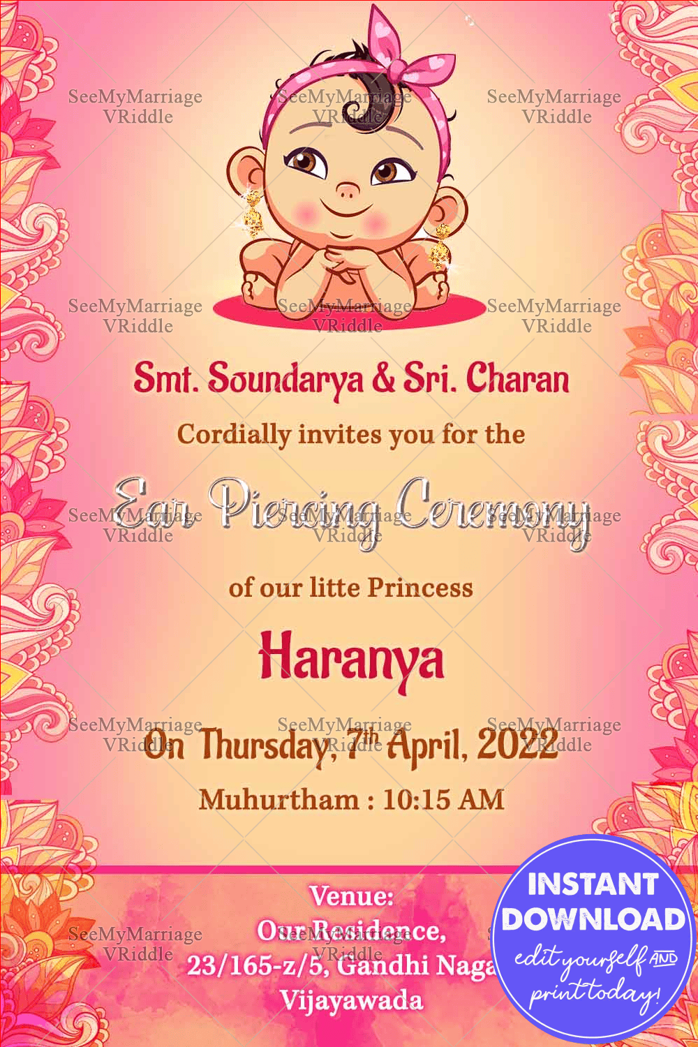 Ear Piercing Invitations In Pink Theme Floral Mehandi Design With A smiling Baby Sporting Gold Jhumkas