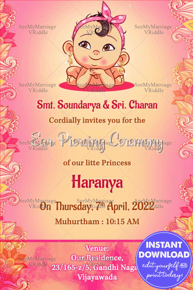 Ear Piercing Invitations In Pink Theme Floral Mehandi Design With A smiling Baby Sporting  Gold Jhumkas