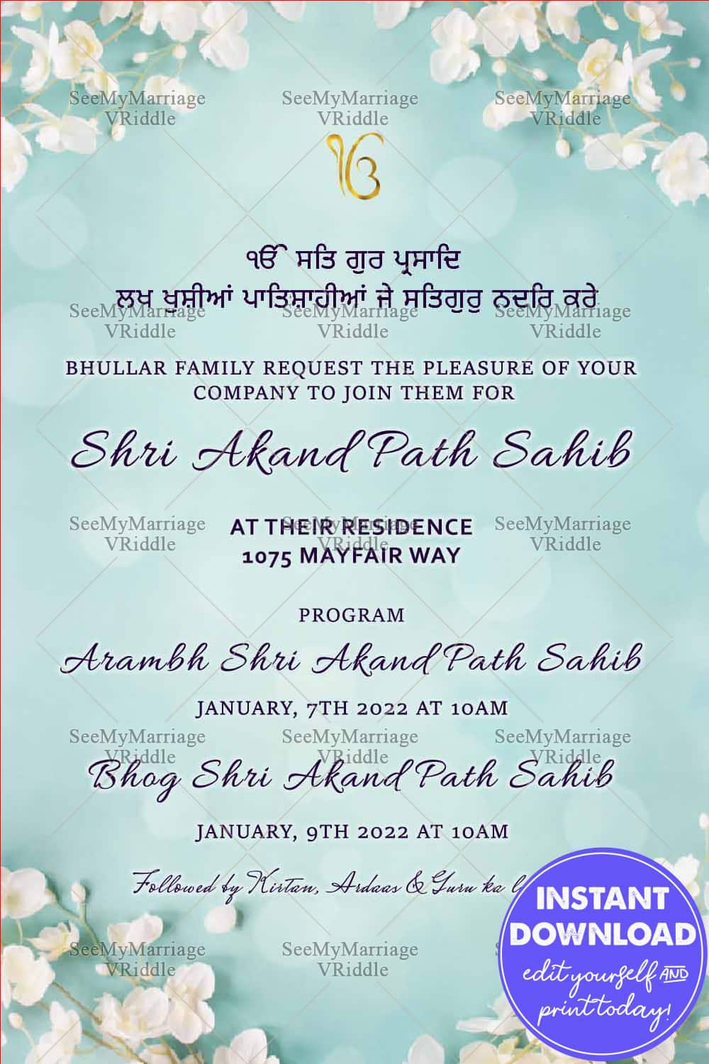 Guru Ka Langar - Akhand Path - Blue Theme Floral Invitation Card For The Gathering Of Devout Sikh To Sing Kirtan