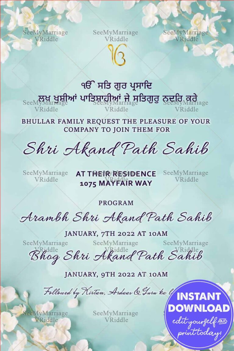 Guru Ka Langar - Akhand Path - Blue Theme Floral Invitation Card For The Gathering Of Devout Sikh To Sing Kirtan