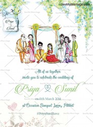 A Uniquely Fun White Coloured Invitation Card For Indian Wedding With Cute Cartoon Figures