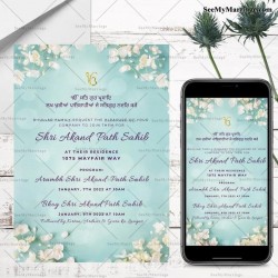 Blue Theme Floral Invitation Card For The Gathering Of Devout Sikh To Sing Kirtan And Attend Guru Ka Langar