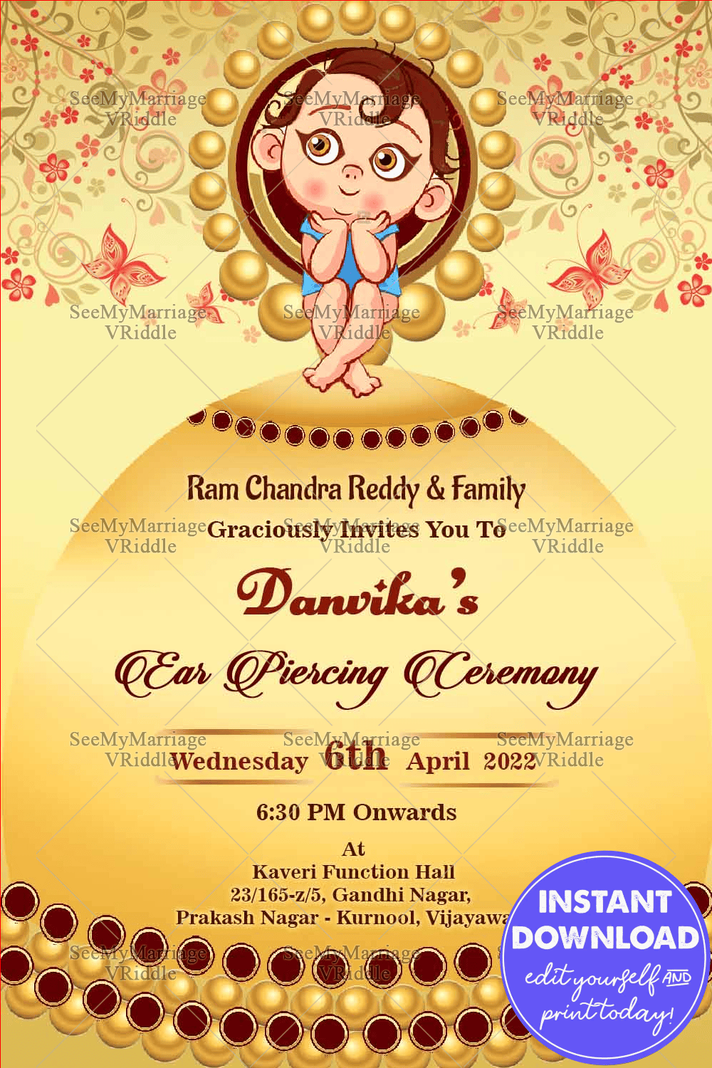 Invitation Card With A Cute Baby Thinking About Her Ear Piercing Ceremony