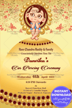 Invitation Card With A Cute Baby Thinking About Her Ear Piercing Ceremony
