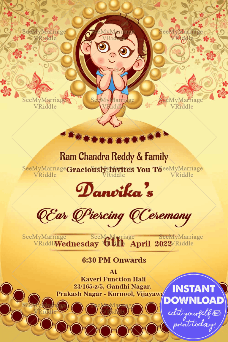 Invitation Card With A Cute Baby Thinking About Her Ear Piercing Ceremony