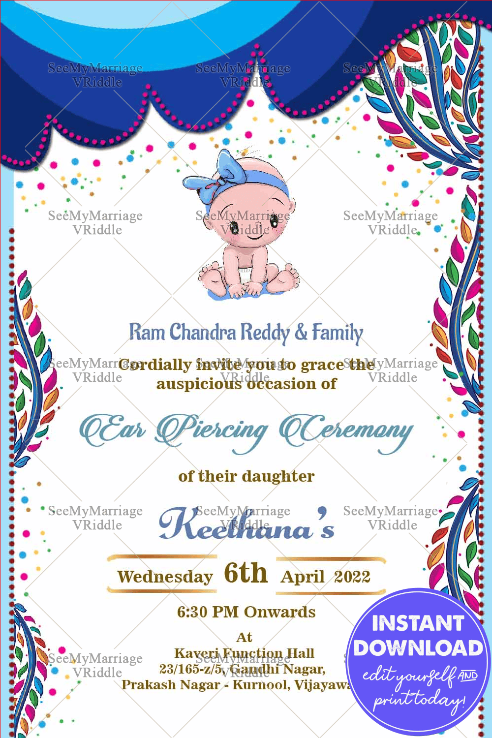 Joyous Blue Theme Ear Piercing Ceremony Invitation With A Climbing Vine Design