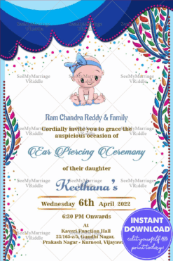 Joyous Blue Theme Ear Piercing Ceremony Invitation With A Climbing Vine Design