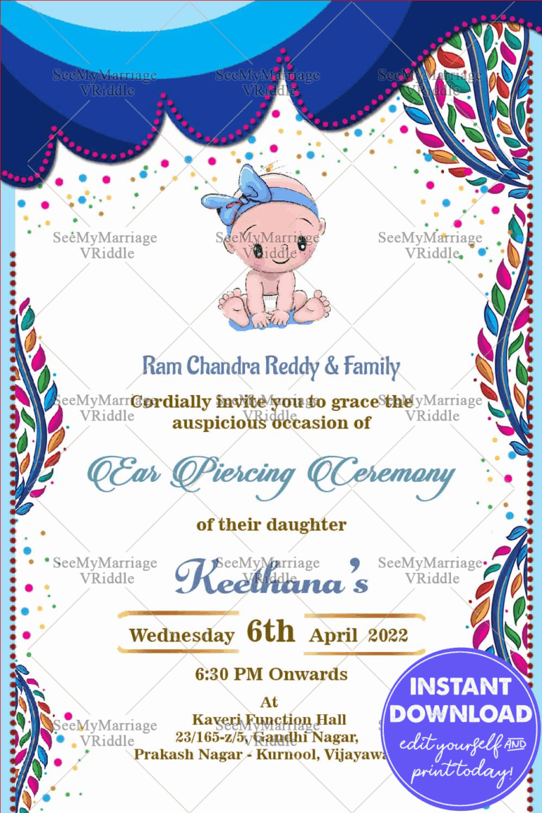 Joyous Blue Theme Ear Piercing Ceremony Invitation With A Climbing Vine Design