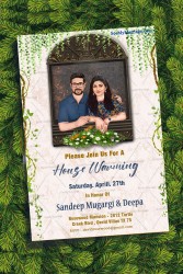 A Trendy House Warming Invitation With A Caricature Couple Framed In A Vintage Window Frame