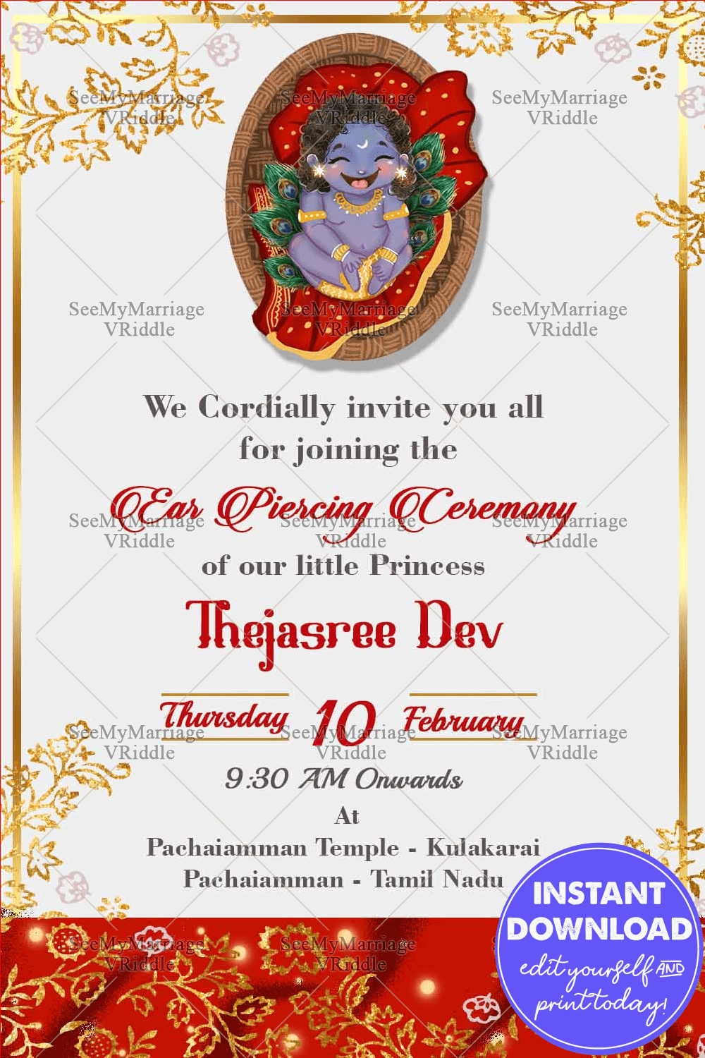 Little Krishna Theme Invitation Card For Ear piercing Ceremony