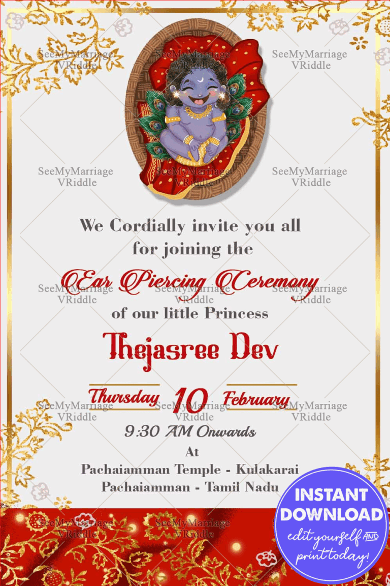 Little Krishna Theme Invitation Card For Ear piercing Ceremony