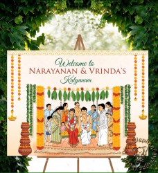 Traditional South Indian Wedding Banner With The Couple Sitting On A Swing Surrounded By Friends And Family
