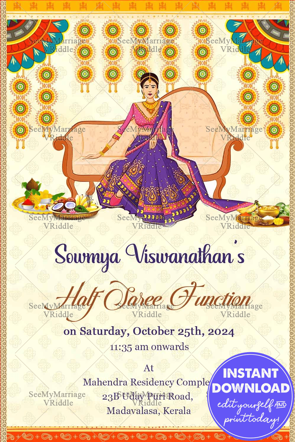Ritushuddhi Indian Traditional Hindu Half Saree Ceremony Invitation Card With A Regal Looking Young Girl In Lavender Lehanga
