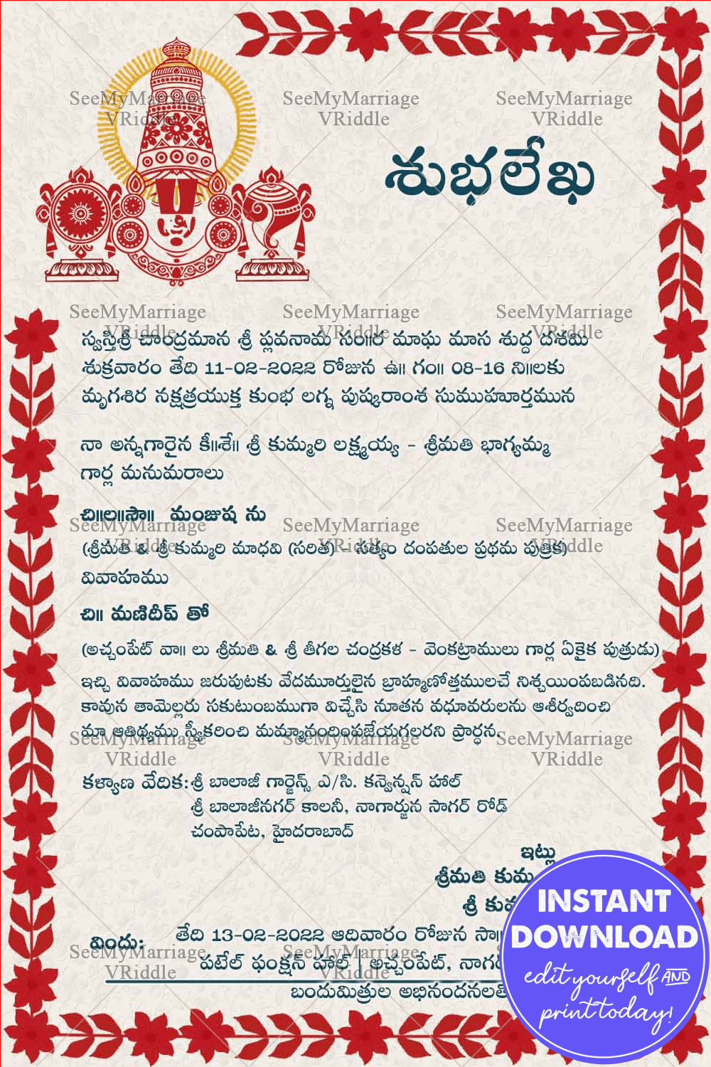 Traditional Telugu Wedding Invitation With Red Floral Border And Blessed By Lord Venkateshwara