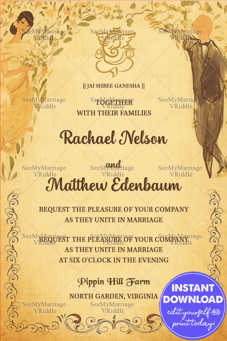 Vintage Painted Marriage Invitation Card In Water Colour Theme With Blessings Of Lord Ganesha