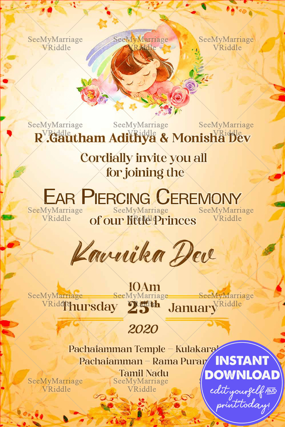 Watercolour Theme Dreaming Baby Girl Ear Piercing Ceremony Invitation With Floral Design