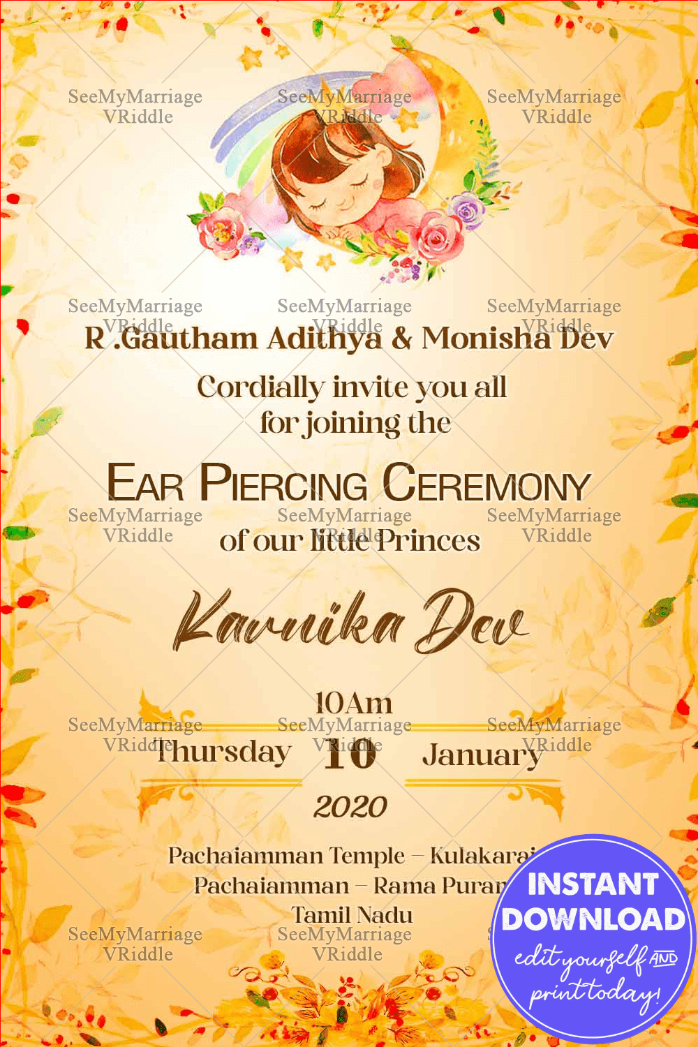 Watercolour Theme Dreaming Baby Girl Ear Piercing Ceremony Invitation With Floral Design
