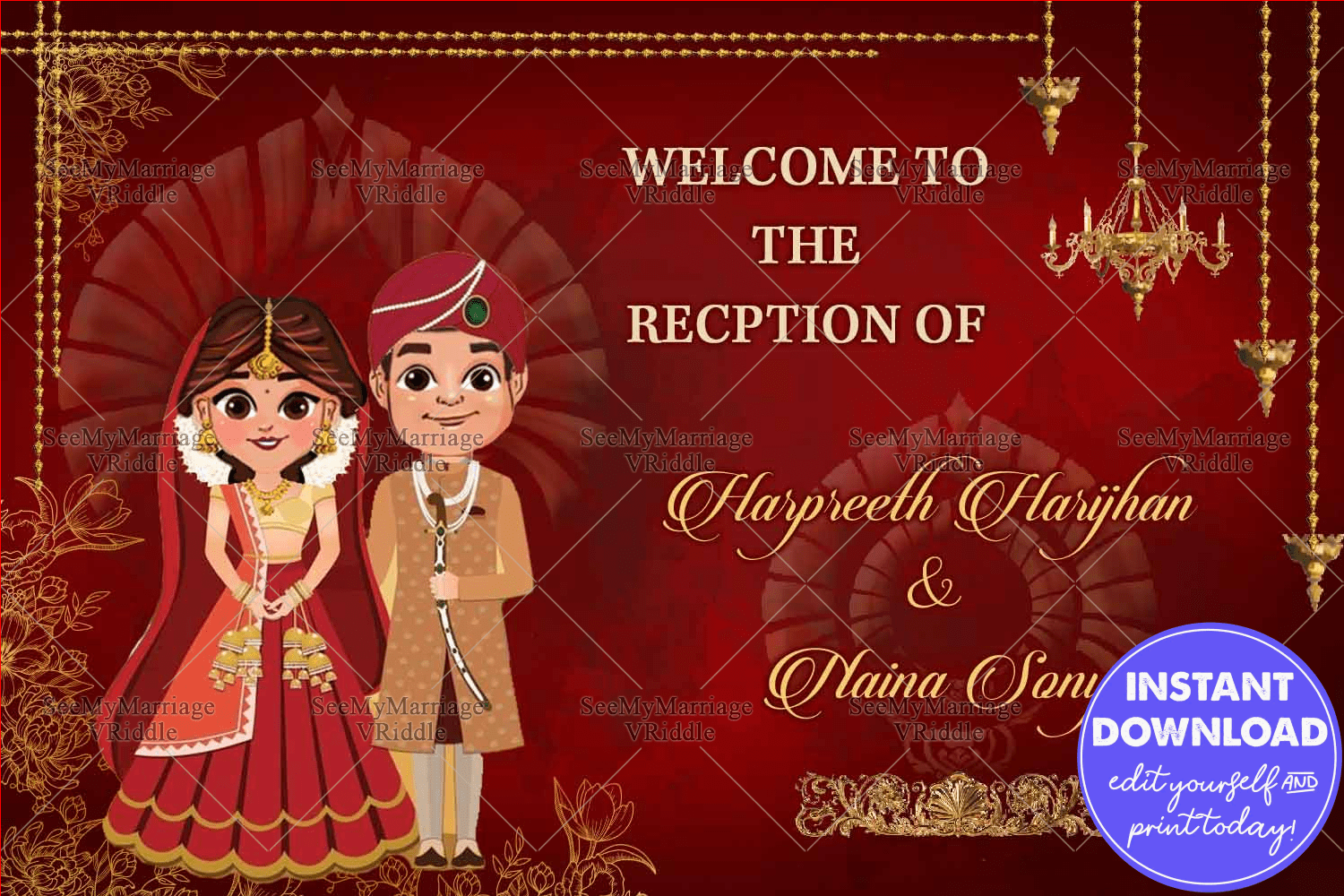 Wedding and Reception Entry Banner Poster - Red Theme Rich And Royal Wedding Banner With A Cartoon Couple In Regal Wedding Finery