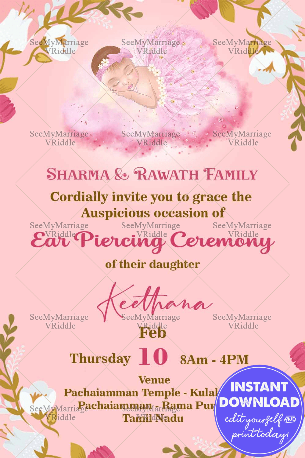 White Flower On Pink Invitation Card With A Sleeping Baby Ready To Be The Star Of Her Ear Piercing Ceremony