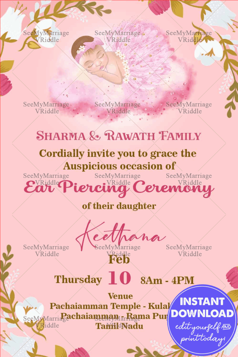 White Flower On Pink Invitation Card With A Sleeping Baby Ready To Be The Star Of Her Ear Piercing Ceremony