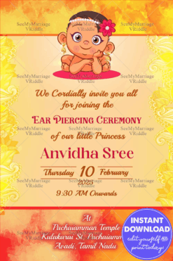 Yellow Oriental Design Ear Piercing Invitations With A smiling Baby Sporting  Gold Jhumkas