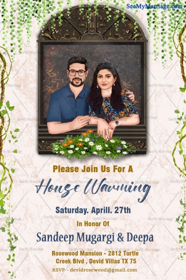 A Trendy House Warming Invitation With A Caricature Couple Framed In A Vintage Window Frame