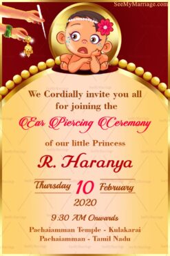 Ear Piercing Ceremony Video Invitation Sporting A Cute Teary Eyed Cartoon Baby With Pearl Head Band