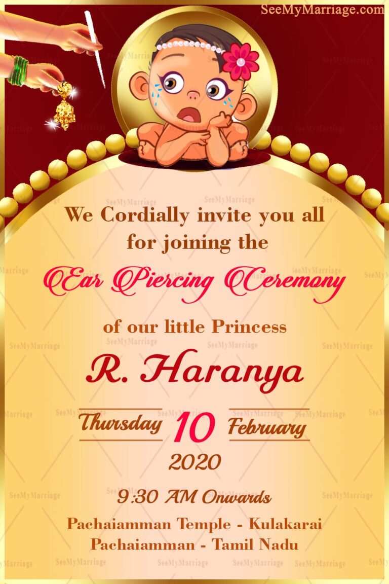 Ear Piercing Ceremony Video Invitation Sporting A Cute Teary Eyed Cartoon Baby With Pearl Head Band