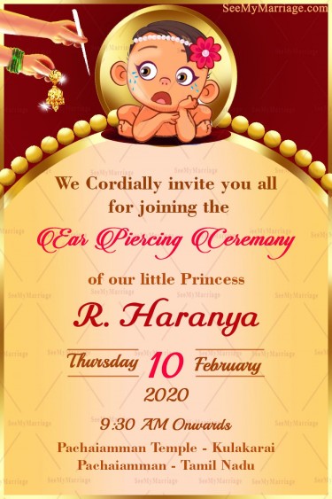 Ear Piercing Ceremony Invitation Card Sporting A Cute Cartoon Baby With Pearl Head Band