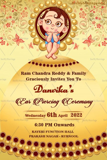 Invitation Card With A Cute Baby Thinking About Her Ear Piercing Ceremony