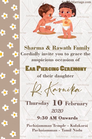 Daisy Floral Theme Sister Act Ear Piercing Invitation Card With Big Sister Supporting The Younger Sis