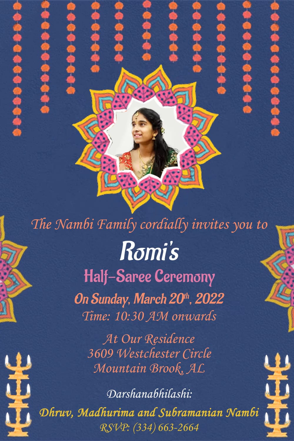 Pavadai Dhavani Half Saree Function Invitation In Blue Colour With Multicolour Mandala Design