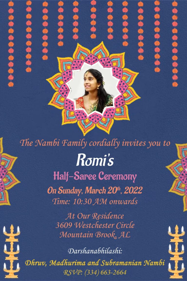 Pavadai Dhavani Half Saree Function Invitation In Blue Colour With Multicolour Mandala Design