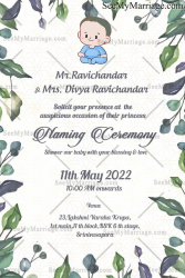 A Naming Ceremony Invitation Card With A Bonny Baby Boy Dressed In Blue And Framed In Colourful Leaves